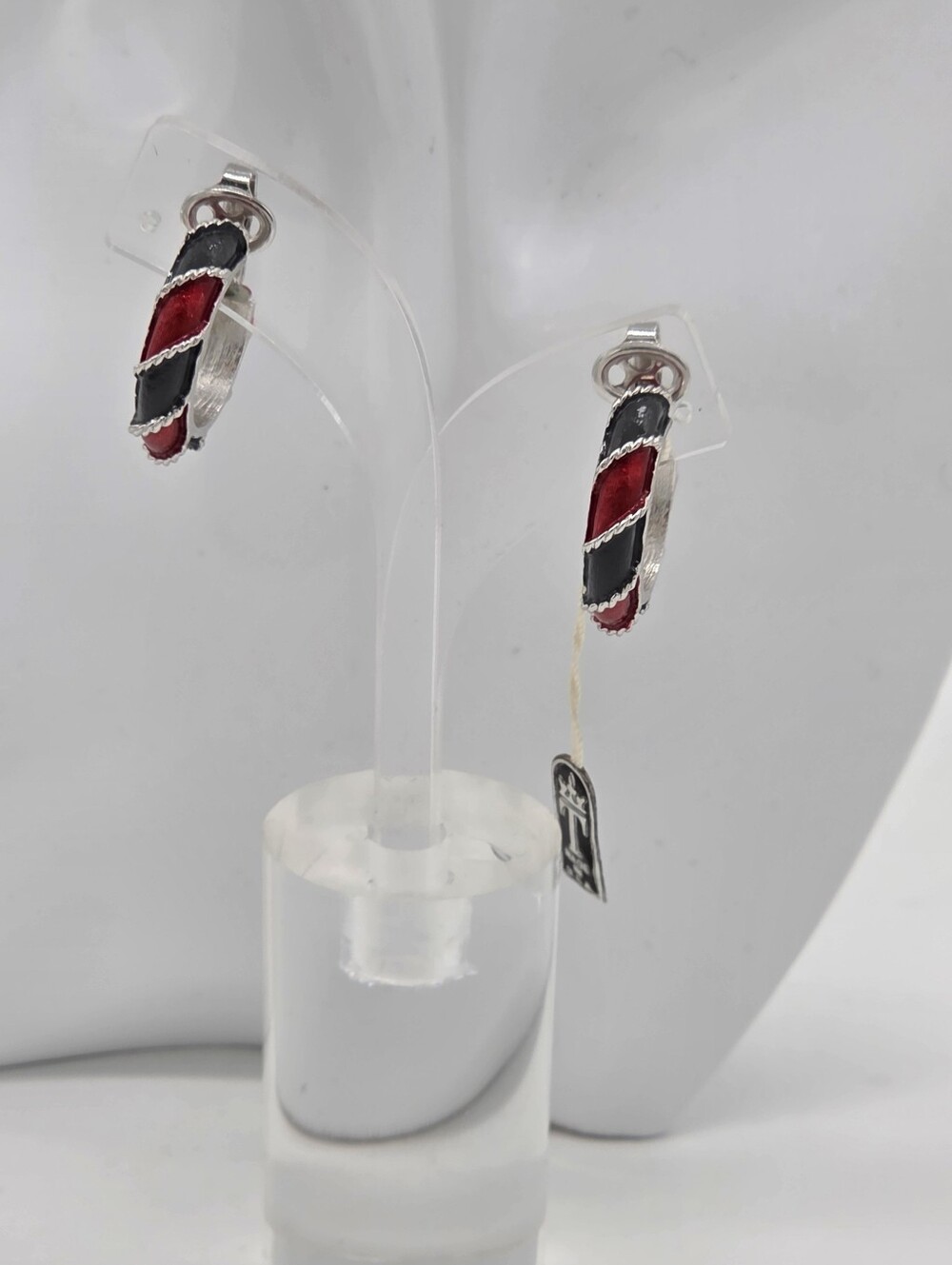 Trifari Silver Gray & Red Inlay Hoop Earrings